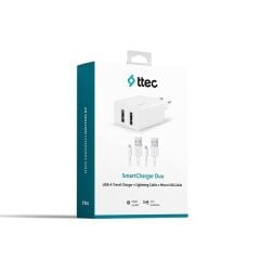 Ttec 2SCS21DB SmartCharger Duo 2.4A Seyahat Şarj Aleti Çift USB + Lightning ve Micro USB Kablo