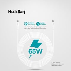 Ttec 2DK48B USB-C - USB-C 300cm 65W PD/QC Hızlı Şarj/Data Kablosu Beyaz
